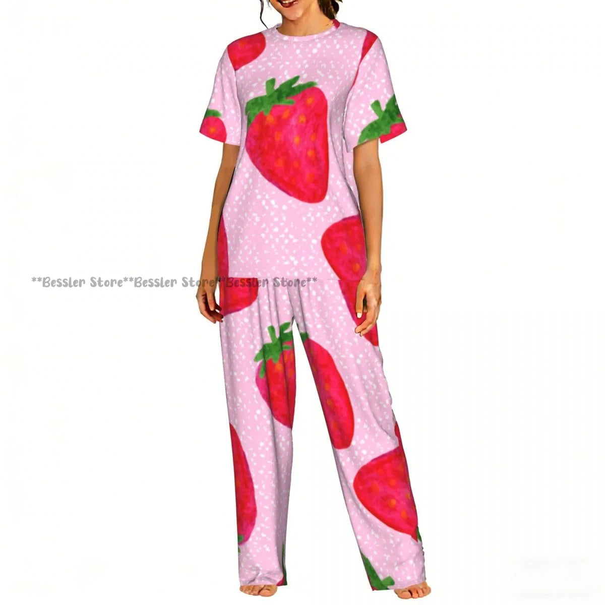 Women's 2-piece set Watercolor Strawberries Pajamas Short sleeved Top and Pants Sleepwear