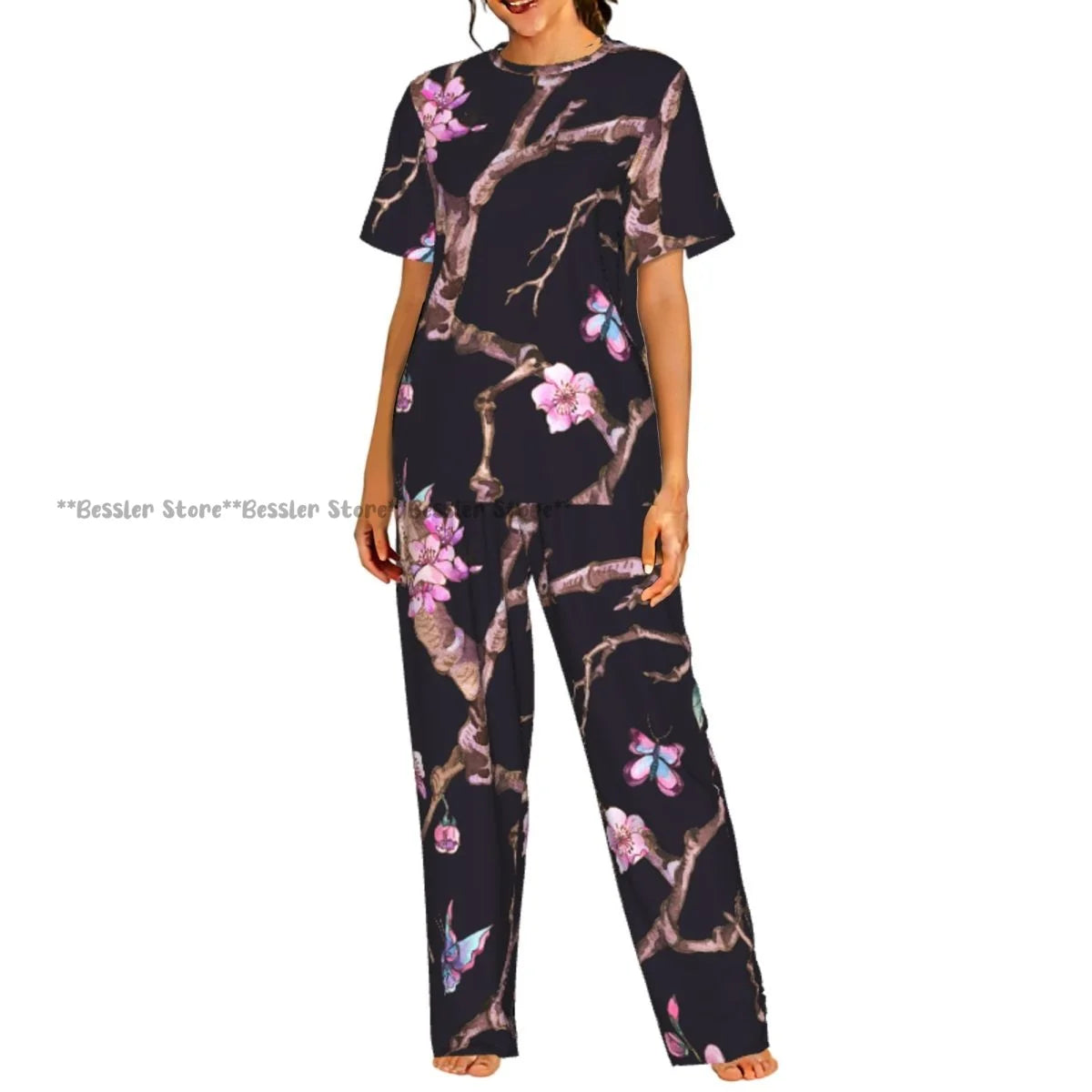Women's Blossom Cherry Flower Background short sleeve trousers casual pajamas set
