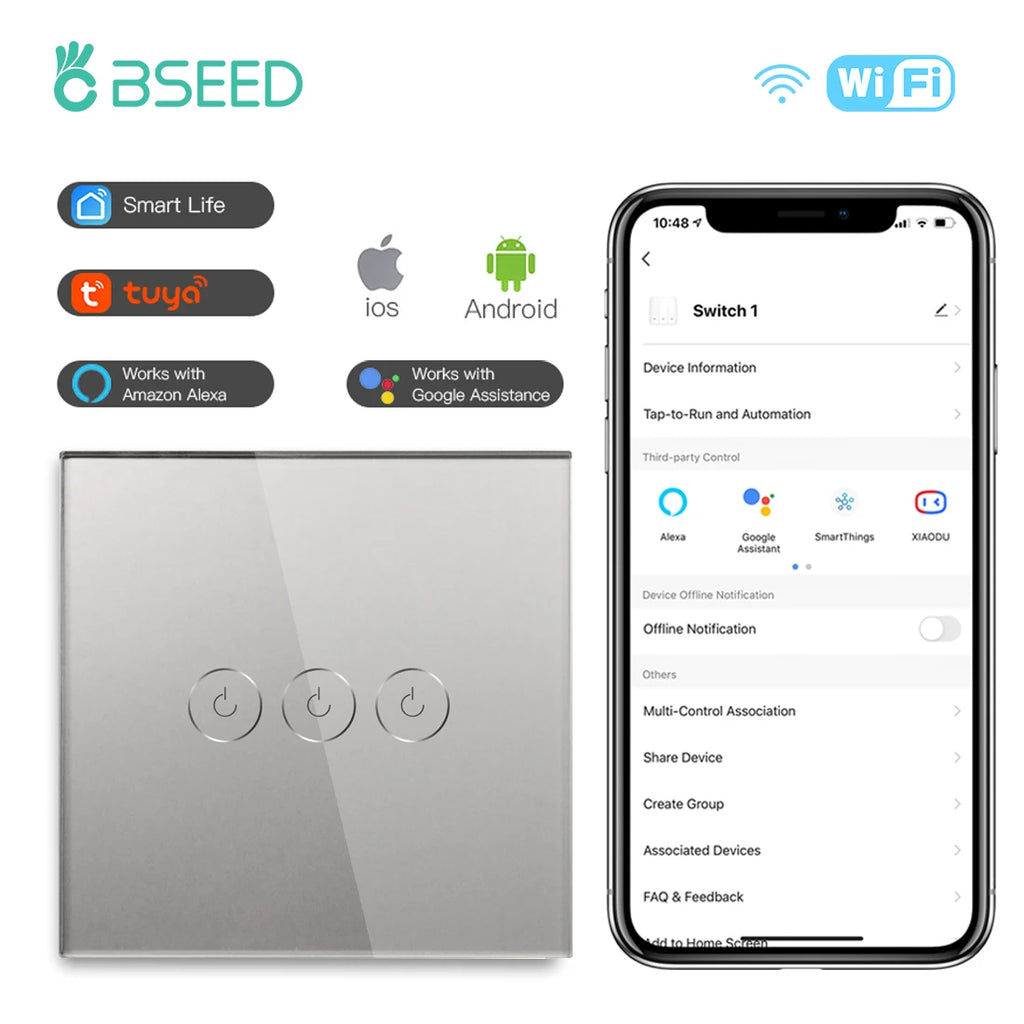 BSEED Wifi Light Touch Switch 1/2/3Gang 1/2/3 Way Smart Switch Wireless Wifi Roller Shutter Switch Support For Tuya Smart Home