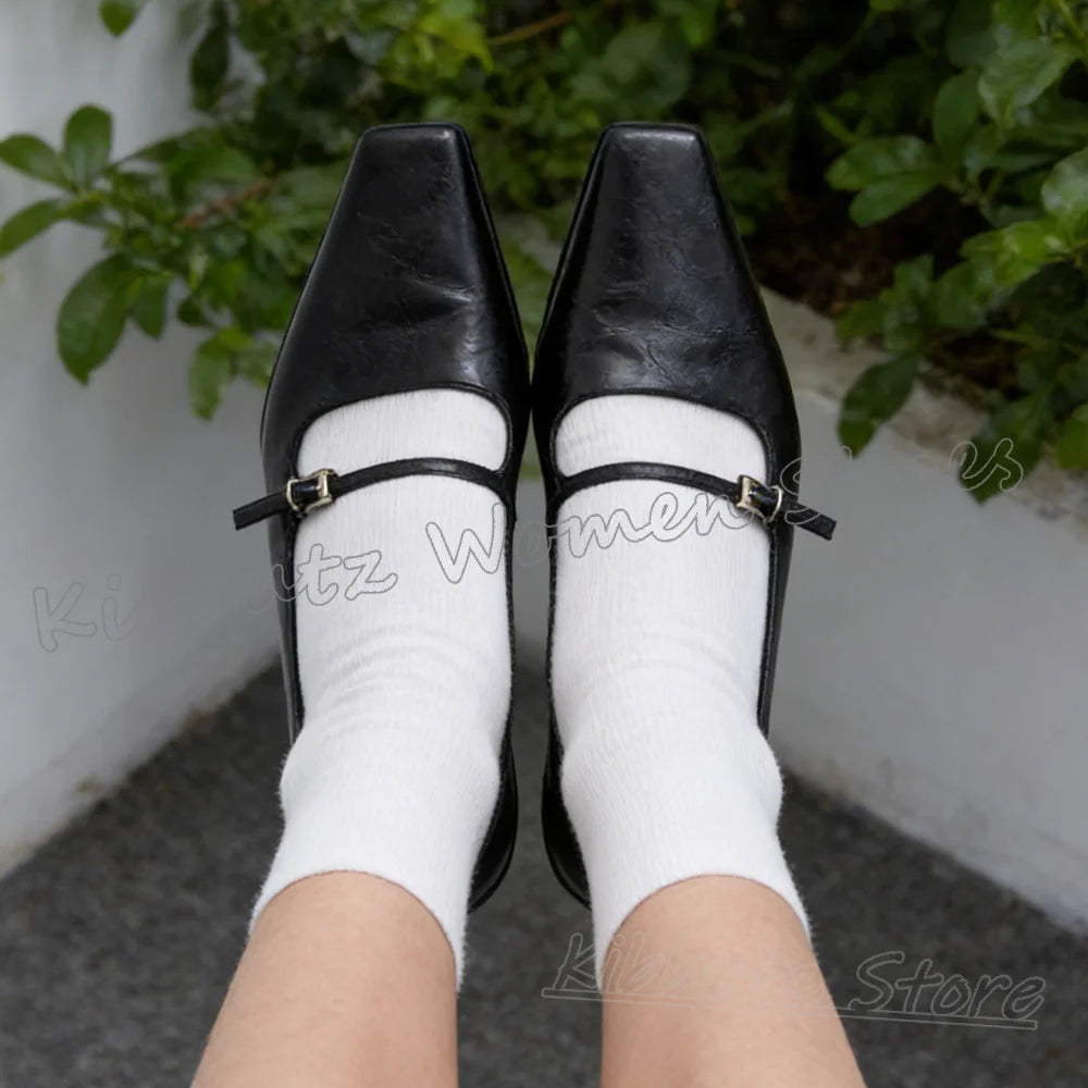 Mary Jane Pumps Belt Buckle Leather Square Toe Kitten Heels Solid Color Women Shoes Fashion Comfortable Sexy Elegant Novelty New