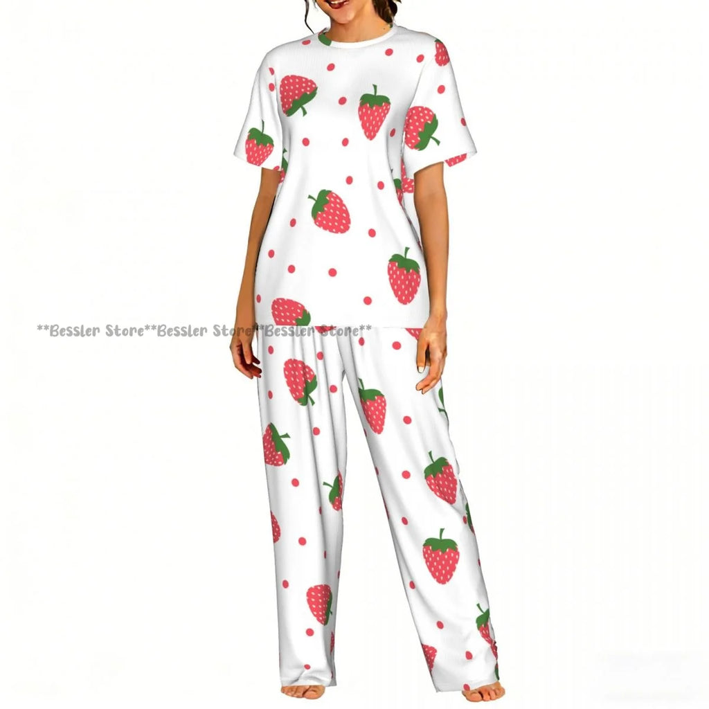 Women's 2-piece set Watercolor Strawberries Pajamas Short sleeved Top and Pants Sleepwear
