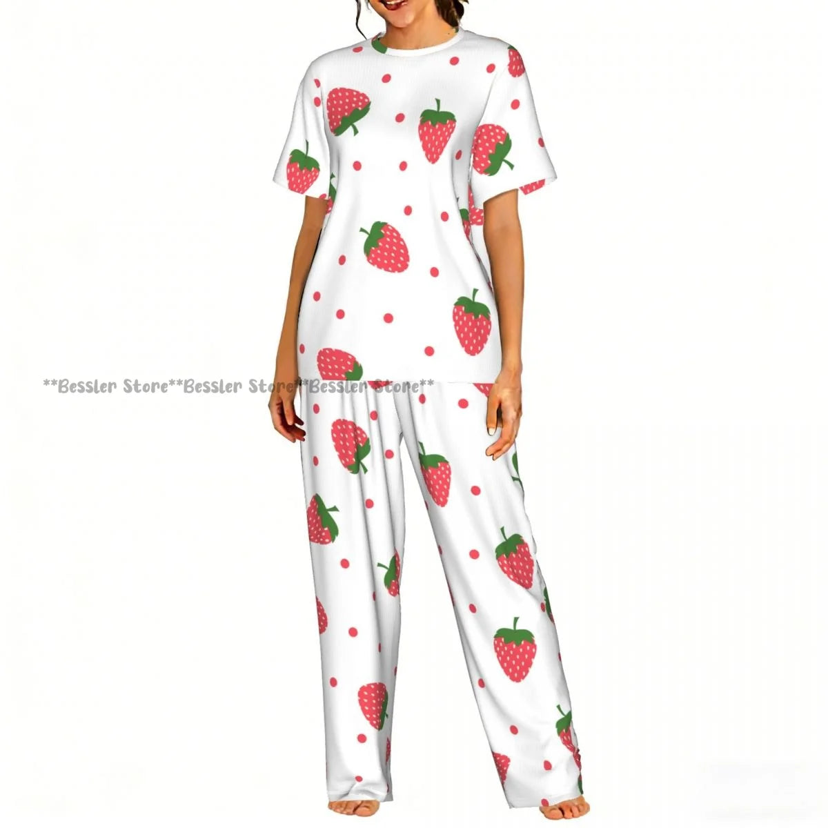 Women's 2-piece set Watercolor Strawberries Pajamas Short sleeved Top and Pants Sleepwear