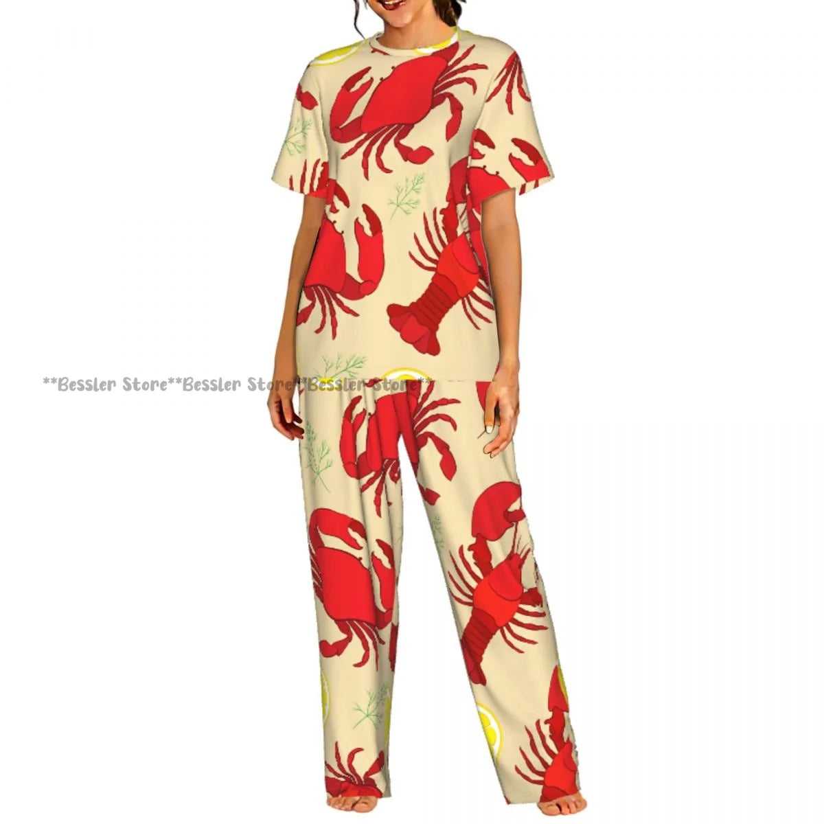 Women's Lemon Citrus Yellow Fruit Leaves short sleeve trousers casual pajamas set