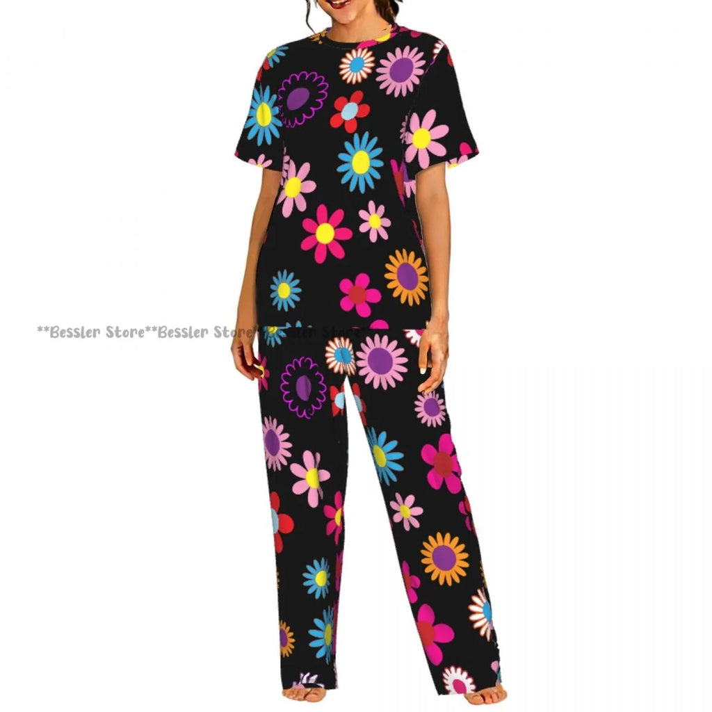 Women's 2-piece set Floral Pattern Pajamas Short sleeved Top and Pants Sleepwear