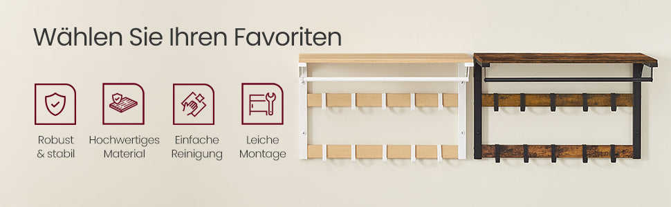 VASAGLE Wall wardrobe with Shelf Wall Shelf with 10 Removable Hooks Hangers No Matter Wall Mounted 2 Cloakroom Lits