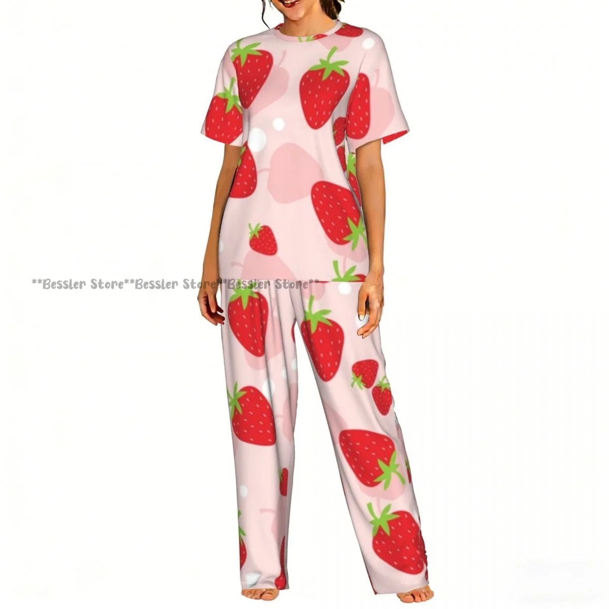 Women's Comfort Pajamas Women's Cute Pink Strawberries Short Sleeve Set Sleepwear