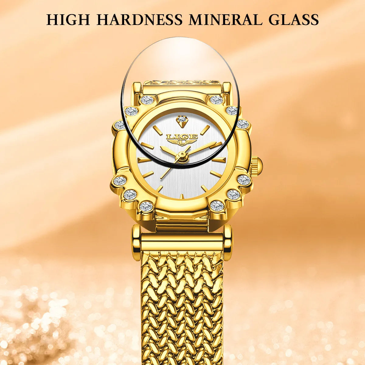 LIGE 2026 Luxury Women Watches Fashion Gold Black Rectangle Woman Quartz Watches Stainless Steel Band Wristwatches Reloj Mujer