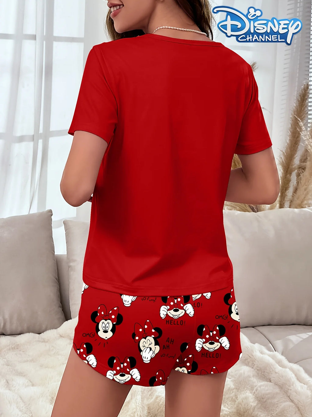 Women's pajama set with cute Disney Minnie prints, short-sleeved top and shorts, comfortable for home or outdoor wear