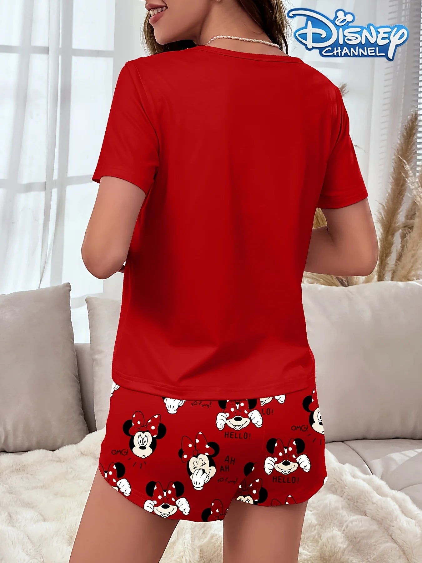 Women's pajama set with cute Disney Minnie prints, short-sleeved top and shorts, comfortable for home or outdoor wear