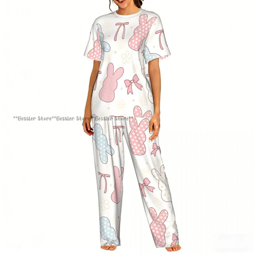 Women's Comfort Pajamas Women's Ribbon Bows Pattern Short Sleeve Set Sleepwear