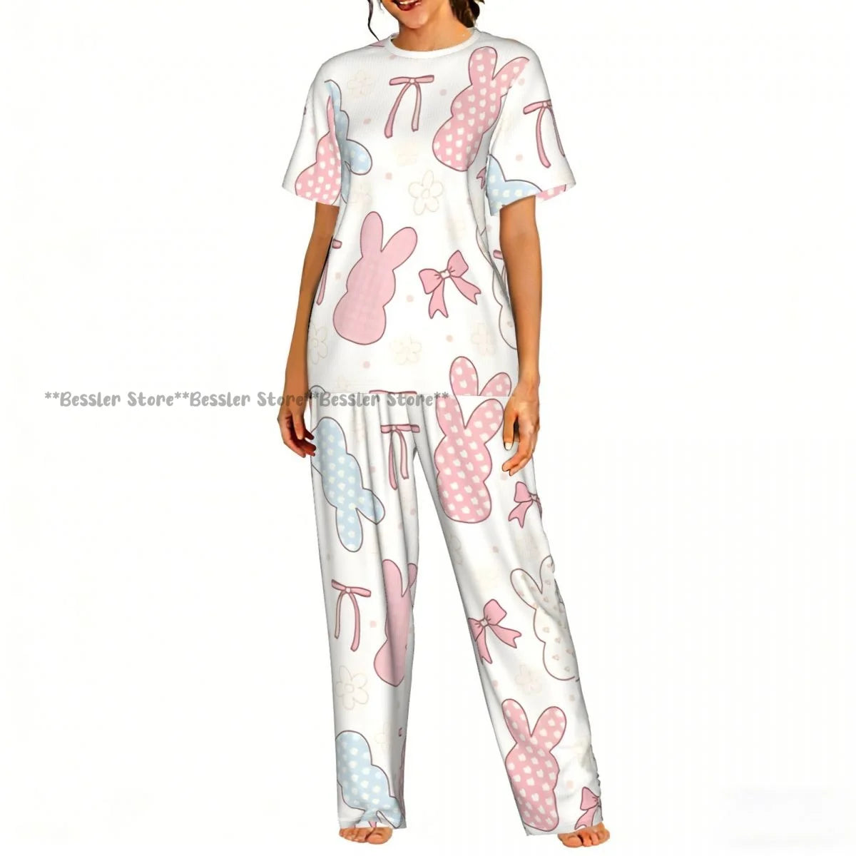 Women's Comfort Pajamas Women's Ribbon Bows Pattern Short Sleeve Set Sleepwear