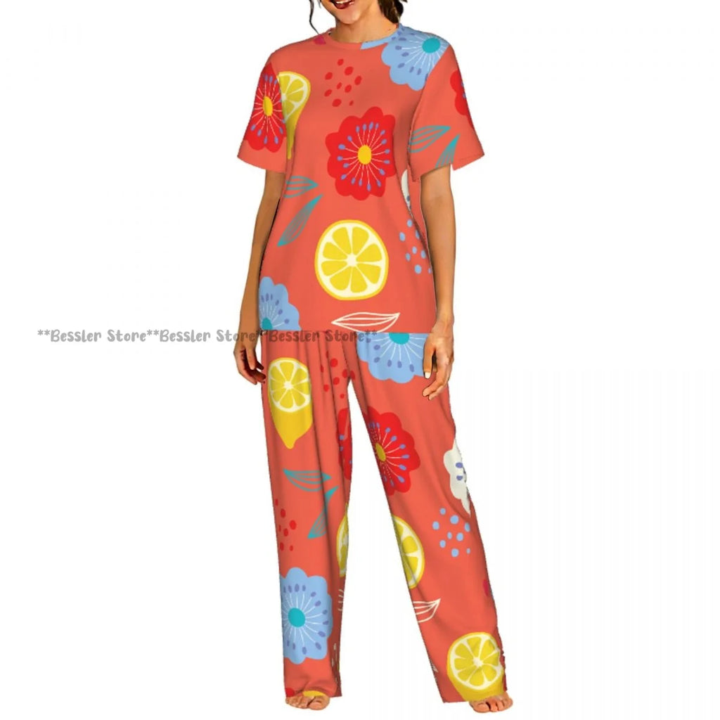 Women's Comfort Pajamas Women's Watercolor Lemons Oranges Short Sleeve Set Sleepwear