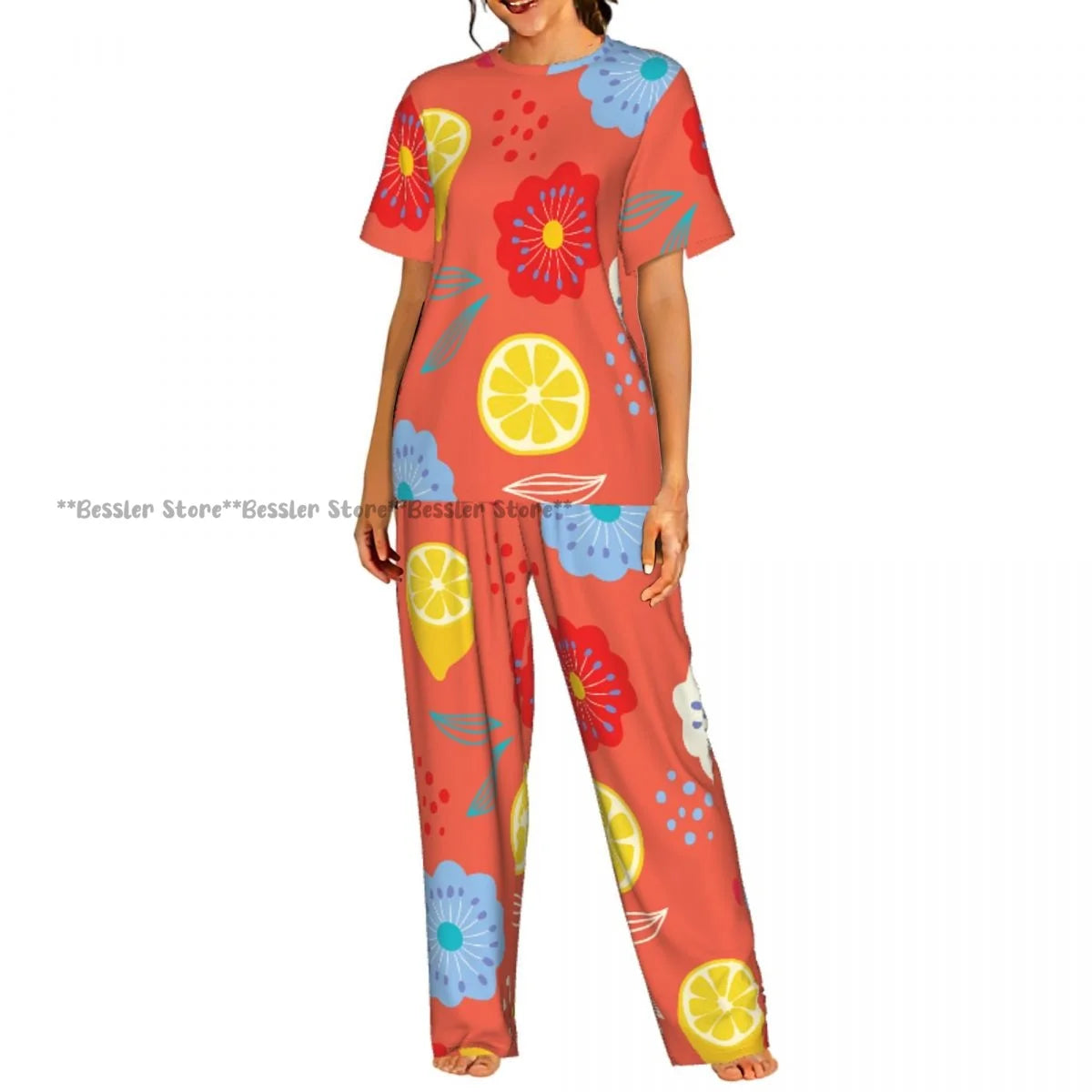 Women's Comfort Pajamas Women's Watercolor Lemons Oranges Short Sleeve Set Sleepwear