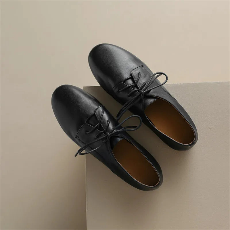 2023 Spring New Cow Leather Women Shoes Fashion Lace-Up Oxford Shoes Round Toe Soft Low Heel Shoes Woman Zapatos De Mujer Pumps