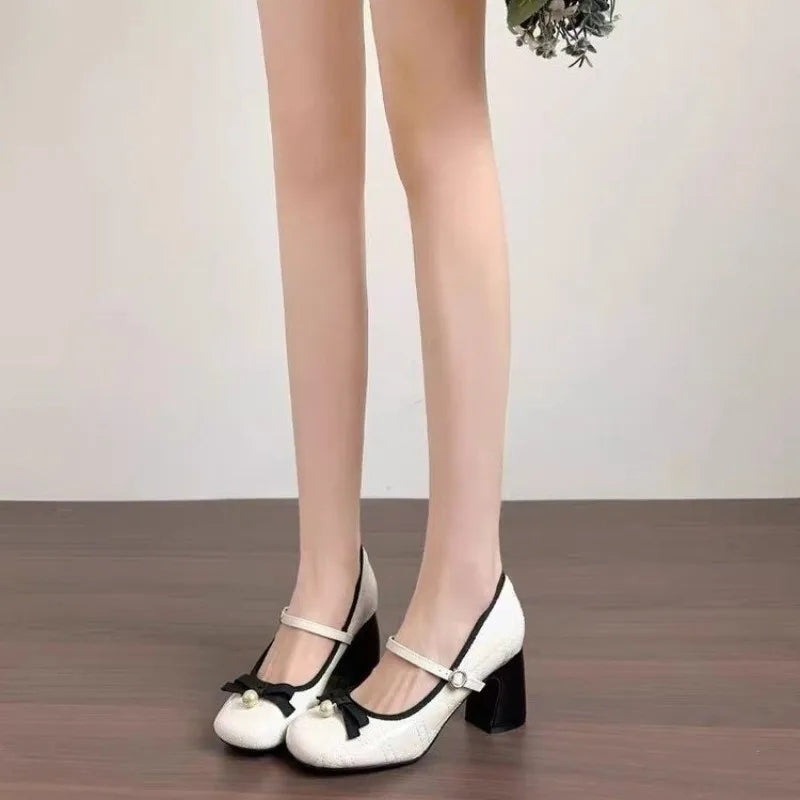 2026 French Block-heeled Mary Janes Feminine High-heeled Shallow Bow Single