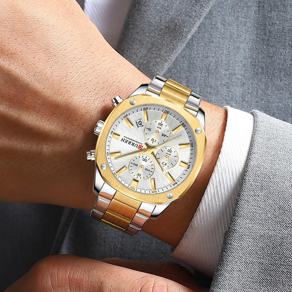 CURREN Modern Men's 42mm Sport Watch - Stainless Steel Band Chronograph & Date,Glow-in-the-Dark Hands, Casual Quartz Wristwatch