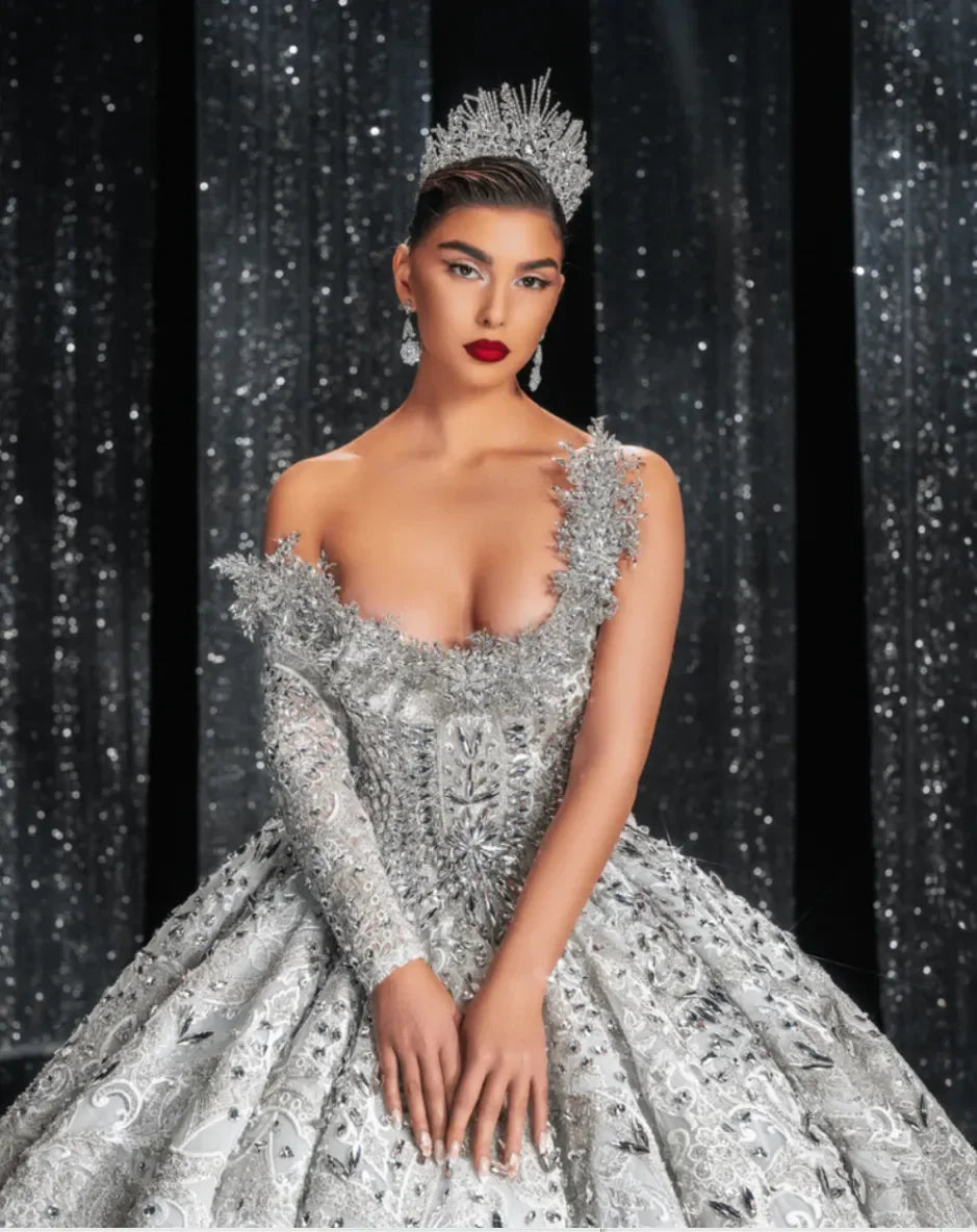 Luxury Heavy Industry Lace 3D Water Diamond Women's Wedding Dress Sexy One Shoulder Bridal Dress Robe De Mariage Customized