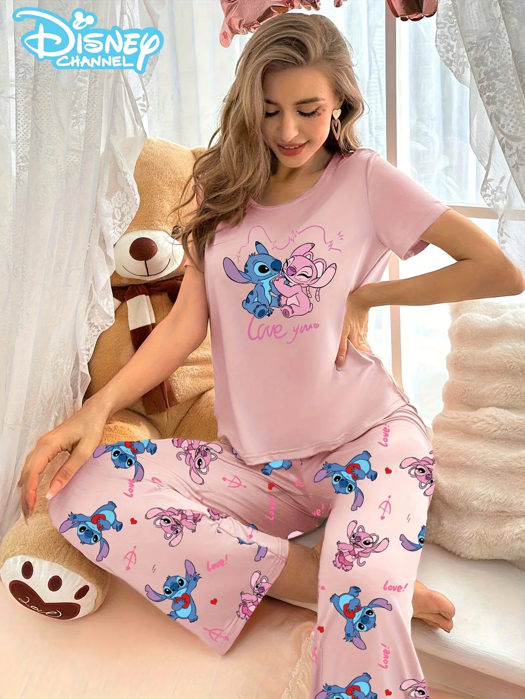 Women's pajama set with cute Disney Stitch prints, short-sleeved top and pants, comfortable for home or outdoor wear