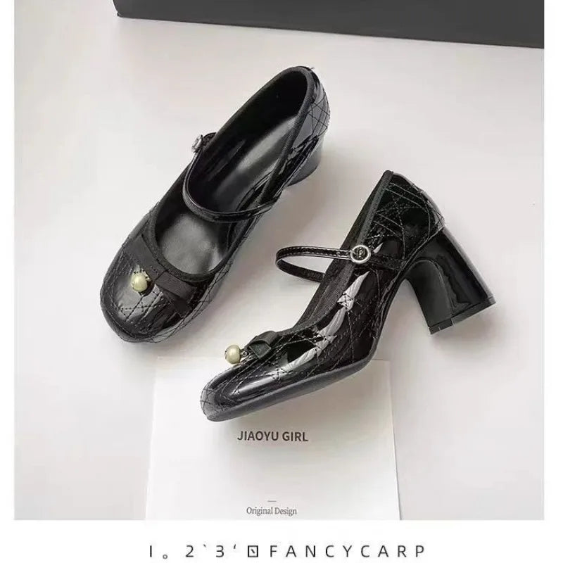 2026 French Block-heeled Mary Janes Feminine High-heeled Shallow Bow Single