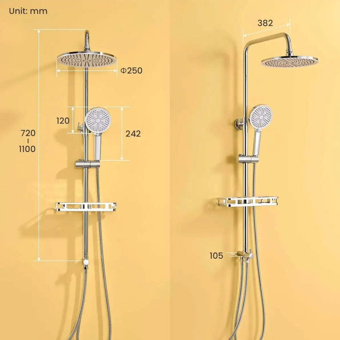 Mixer tap-free shower column with soap holder, head shower 25 cm, shower high pressure 4 jets