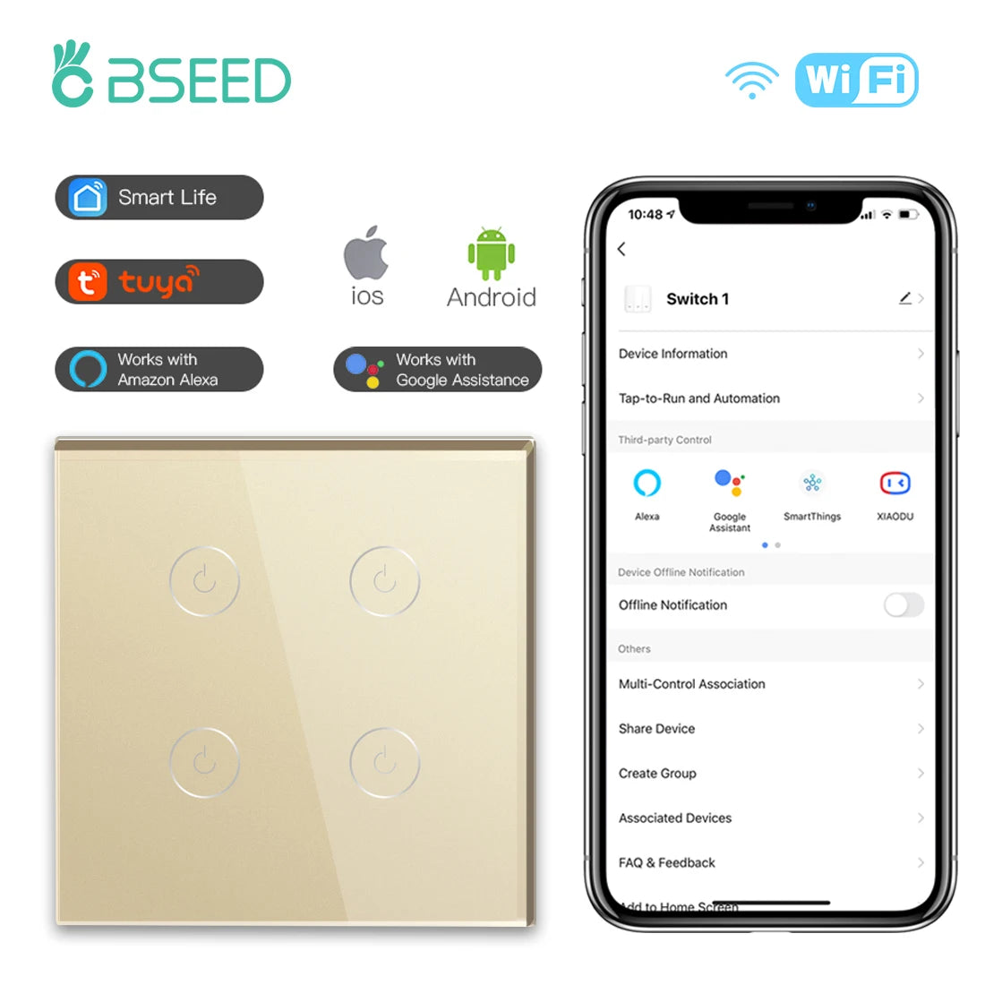 BSEED Wifi Light Touch Switch 1/2/3 Gang 1/2/3 Way Smart Switch Wireless Wifi Roller Shutter Switch Support For Tuya Smart Home