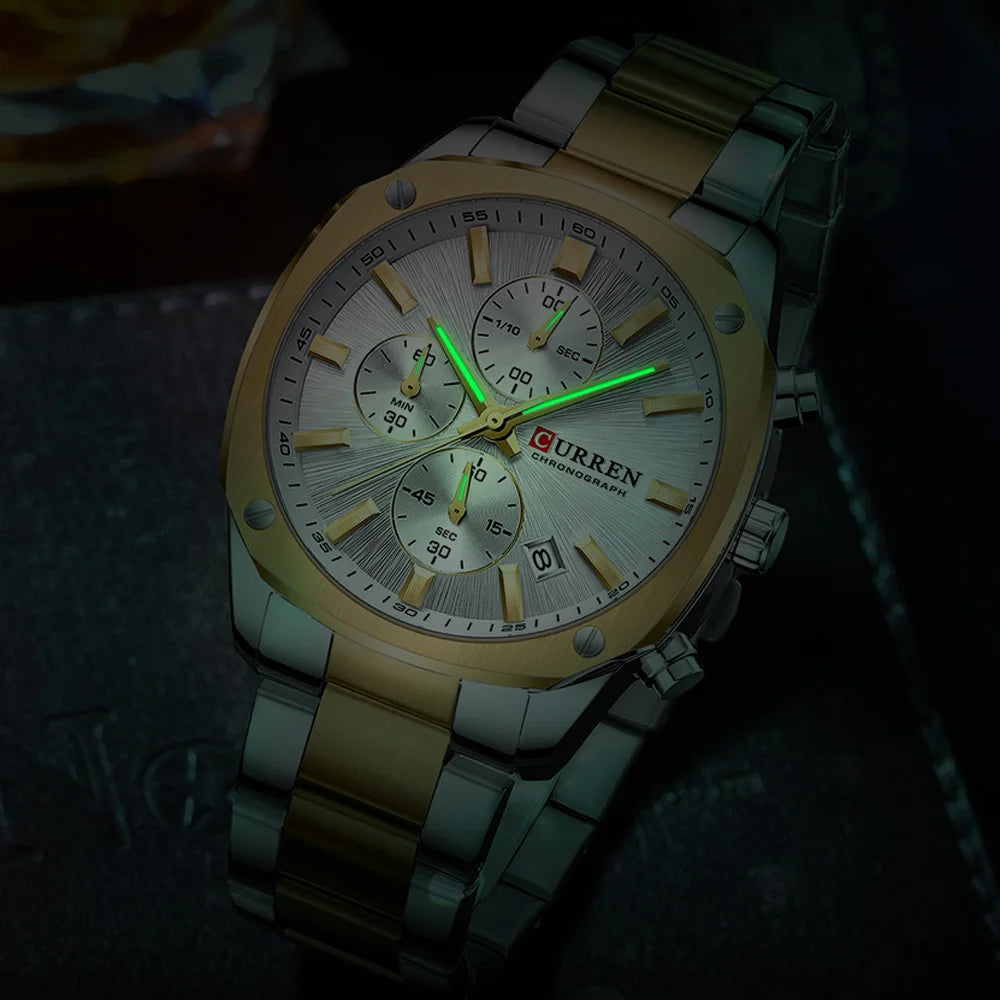 CURREN Modern Men's 42mm Sport Watch - Stainless Steel Band Chronograph & Date,Glow-in-the-Dark Hands, Casual Quartz Wristwatch