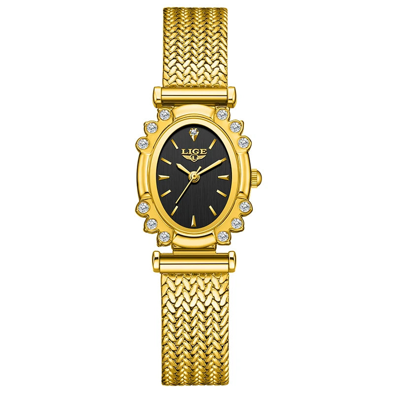 LIGE 2026 Luxury Women Watches Fashion Gold Black Rectangle Woman Quartz Watches Stainless Steel Band Wristwatches Reloj Mujer
