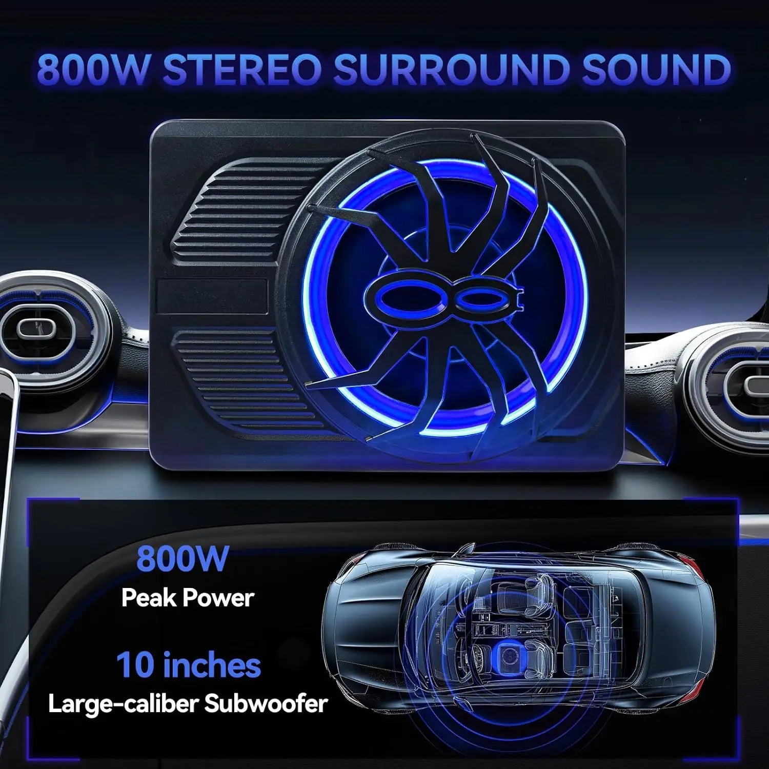 Car Subwoofer Amplifier, Ultra-thin 10" Large-caliber 800W Stereo Surround Sound Built-in Amplifier with Blue LED Ambient Light