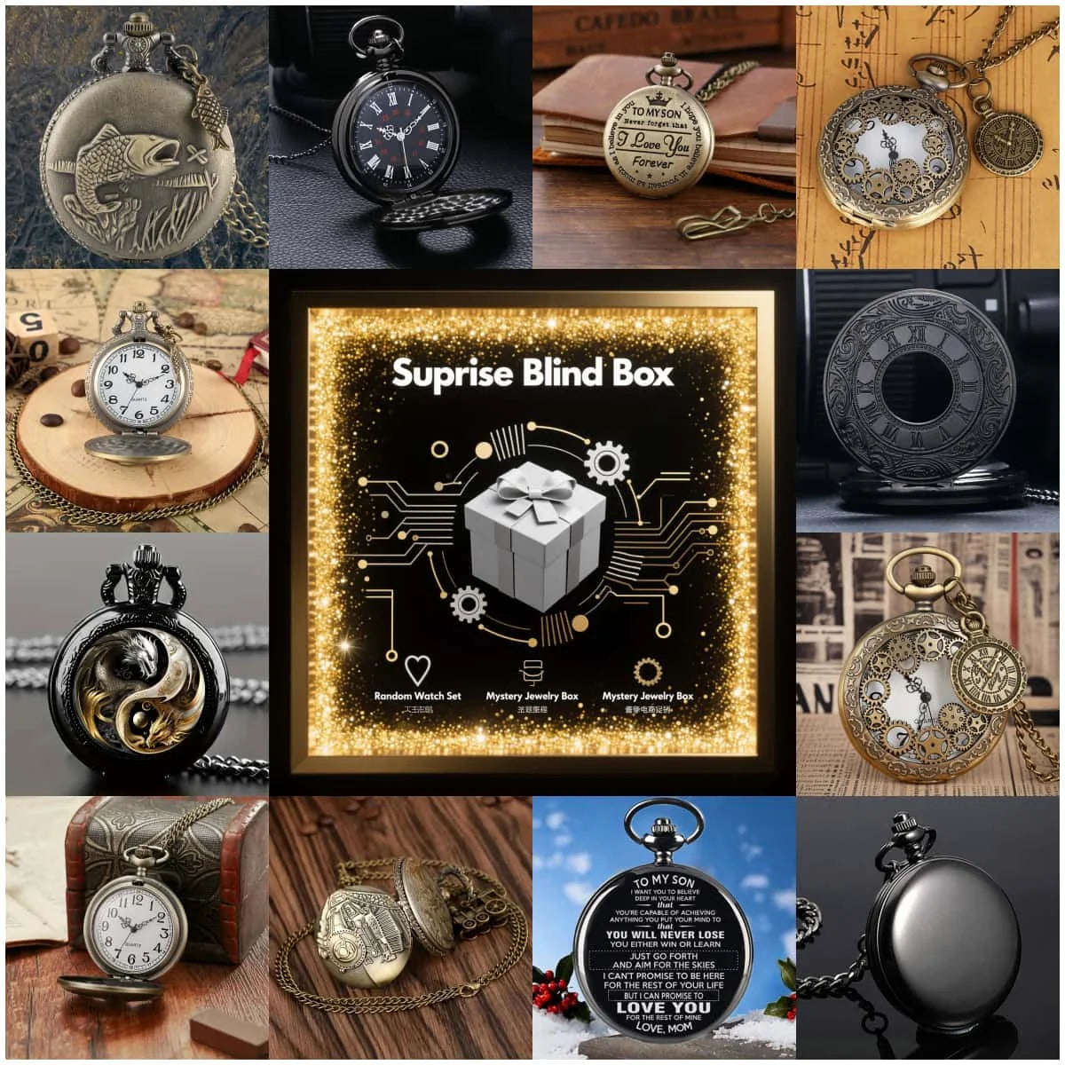 1PC Surprise Mystery Watch Blind Box-Fashion Vintage Men's Quartz Pocket Watch Random Holiday Watch Box Gift for Men Women
