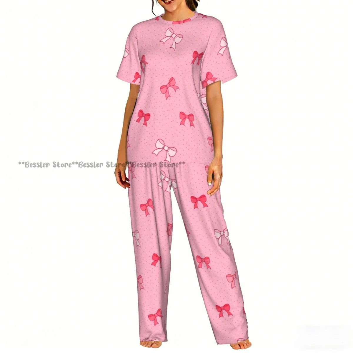 Women's Comfort Pajamas Women's Ribbon Bows Pattern Short Sleeve Set Sleepwear