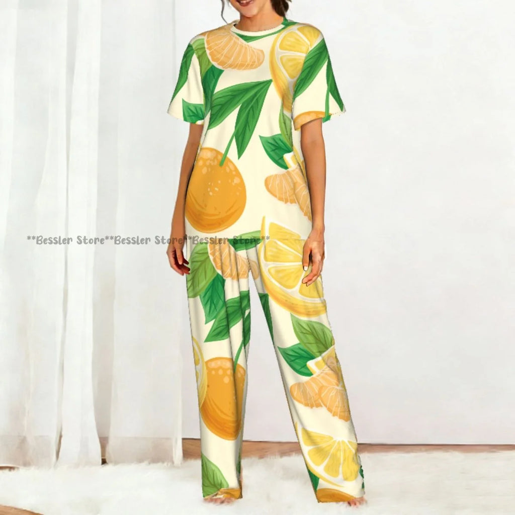 Women's Comfort Pajamas Women's Lemon Leaves Pattern Short Sleeve Set Sleepwear