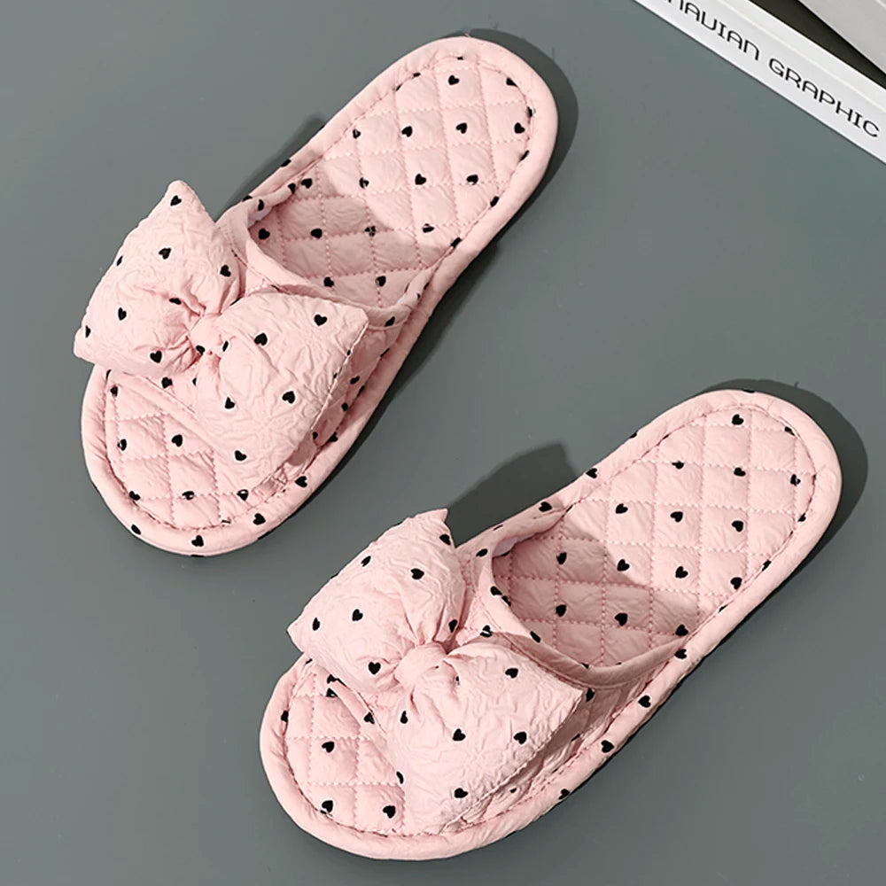 Fashion Women Slippers Soft Bottom Cotton Floral Floor Shoes Indoor Slippers Antislip Home Shoes Cute Bow Bedroom Slippers