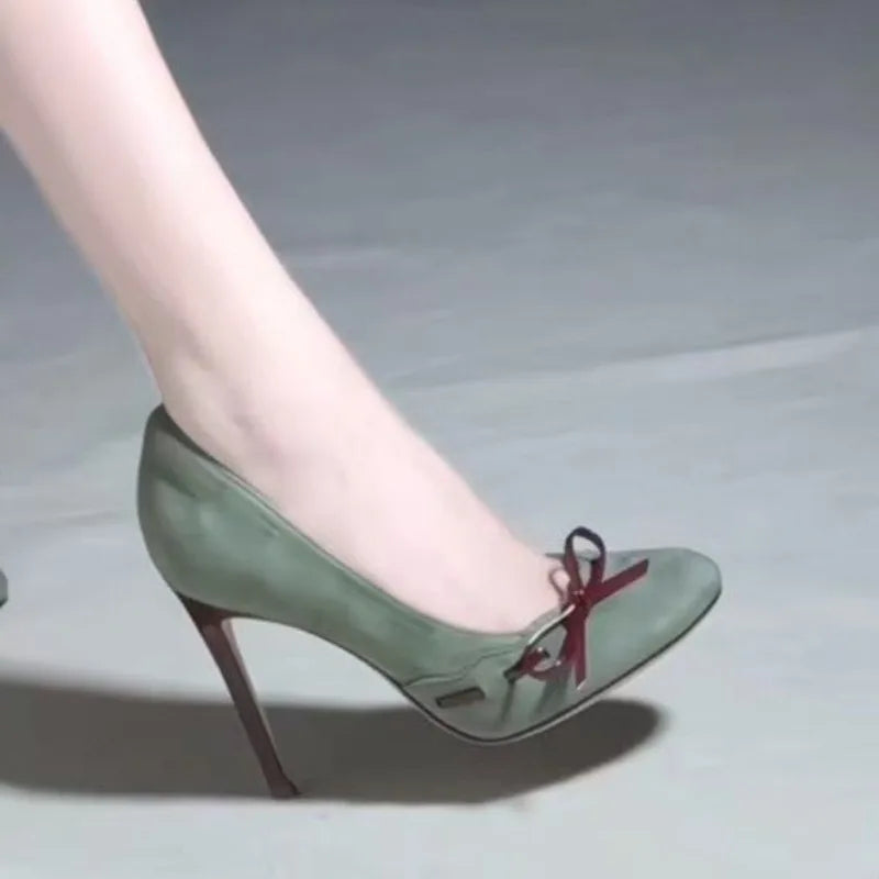 Temperament Super High Heel Single Shoe Round Toe Shallow Suede Butterfly Knot Slip-on Stiletto