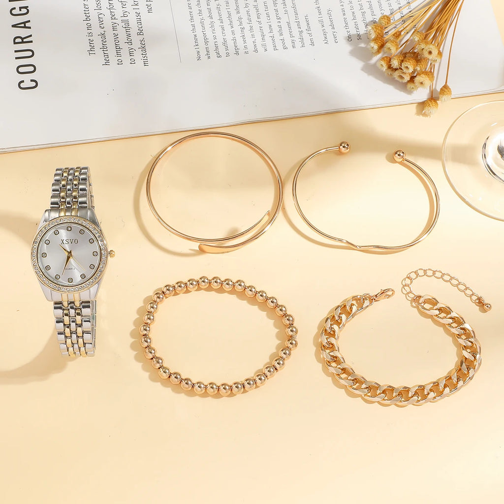 No gift box New style steel strap light luxury fashion quartz wristwatch   pearl string bracelet 5 pieces set