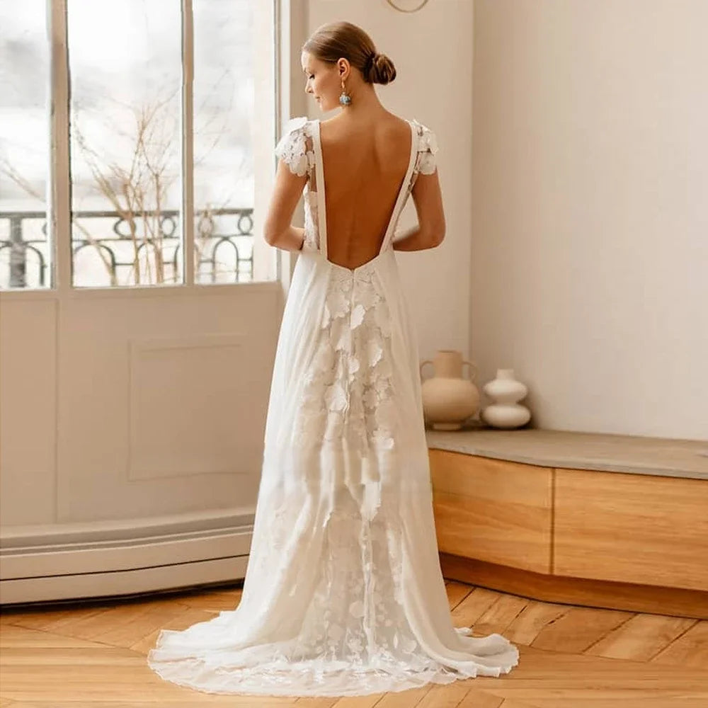 2025 New V-neck Embroidered Chiffon Wedding Dress Colored Decal Dew Back A-line Bridal Dress Customization