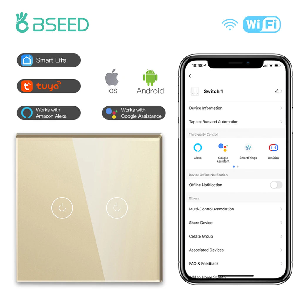 BSEED Wifi Light Touch Switch 1/2/3Gang 1/2/3 Way Smart Switch Wireless Wifi Roller Shutter Switch Support For Tuya Smart Home