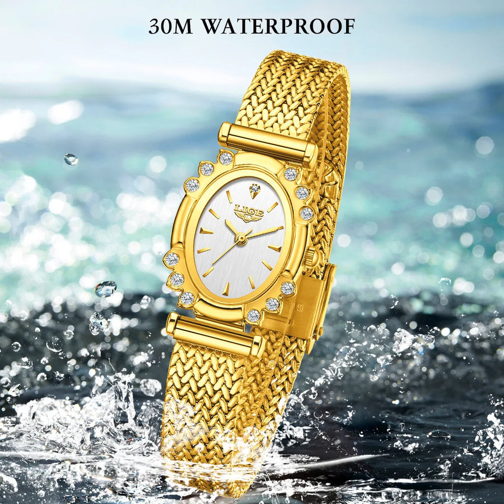LIGE 2026 Luxury Women Watches Fashion Gold Black Rectangle Woman Quartz Watches Stainless Steel Band Wristwatches Reloj Mujer