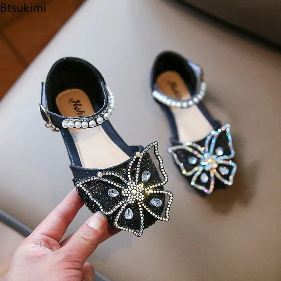 Girls Sequin Lace Bow Kids Shoes Girls Cute Pearl Princess Dance Single Casual Shoes 2026 New Children's Party Wedding Shoes