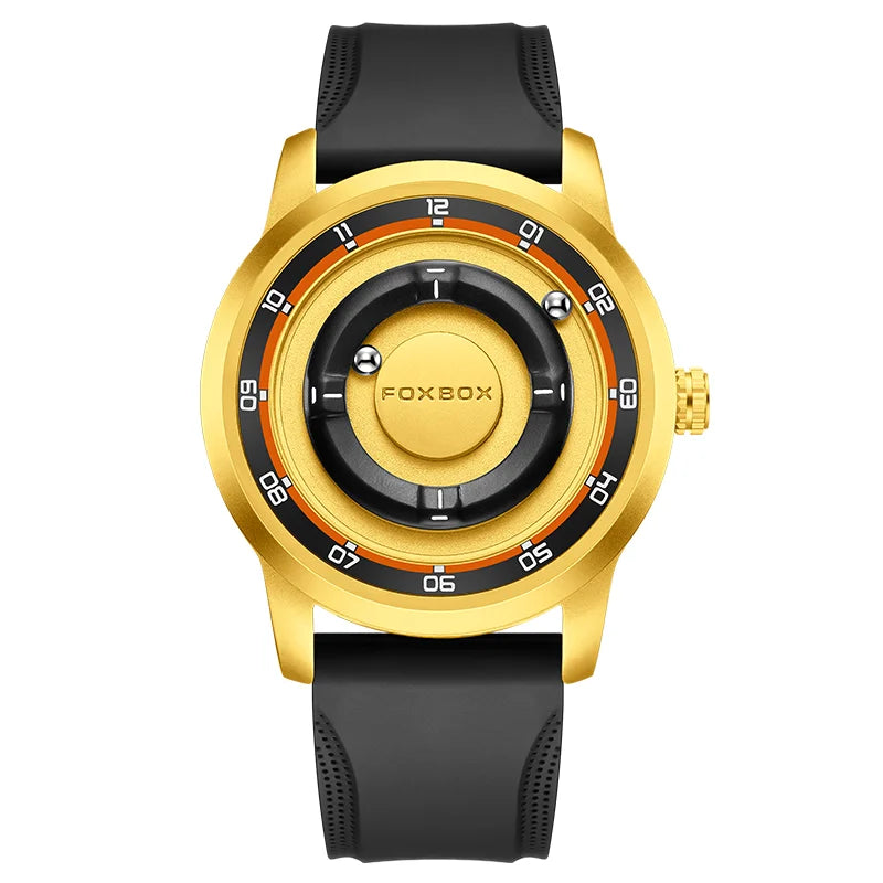 FOXBOX Magnetic Driven Watch Fashion Waterproof Quartz Wristwatch Rolling Steel Ball Pointer Sports Watches Military Clock+Box