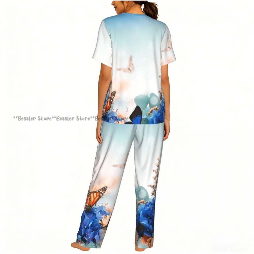 Women's Pajama Set Blue Hydrangeas And Daisies Floral Butterflies Short Sleeve Sleepwear 2 Piece Homewear Loungewear