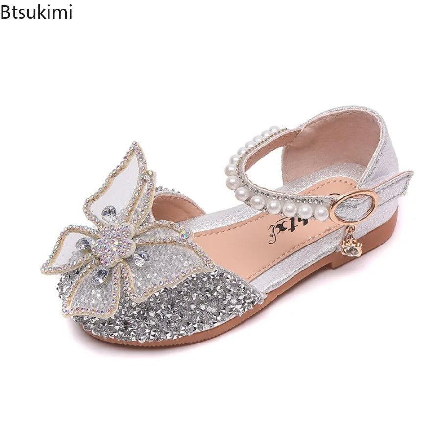 Girls Sequin Lace Bow Kids Shoes Girls Cute Pearl Princess Dance Single Casual Shoes 2026 New Children's Party Wedding Shoes