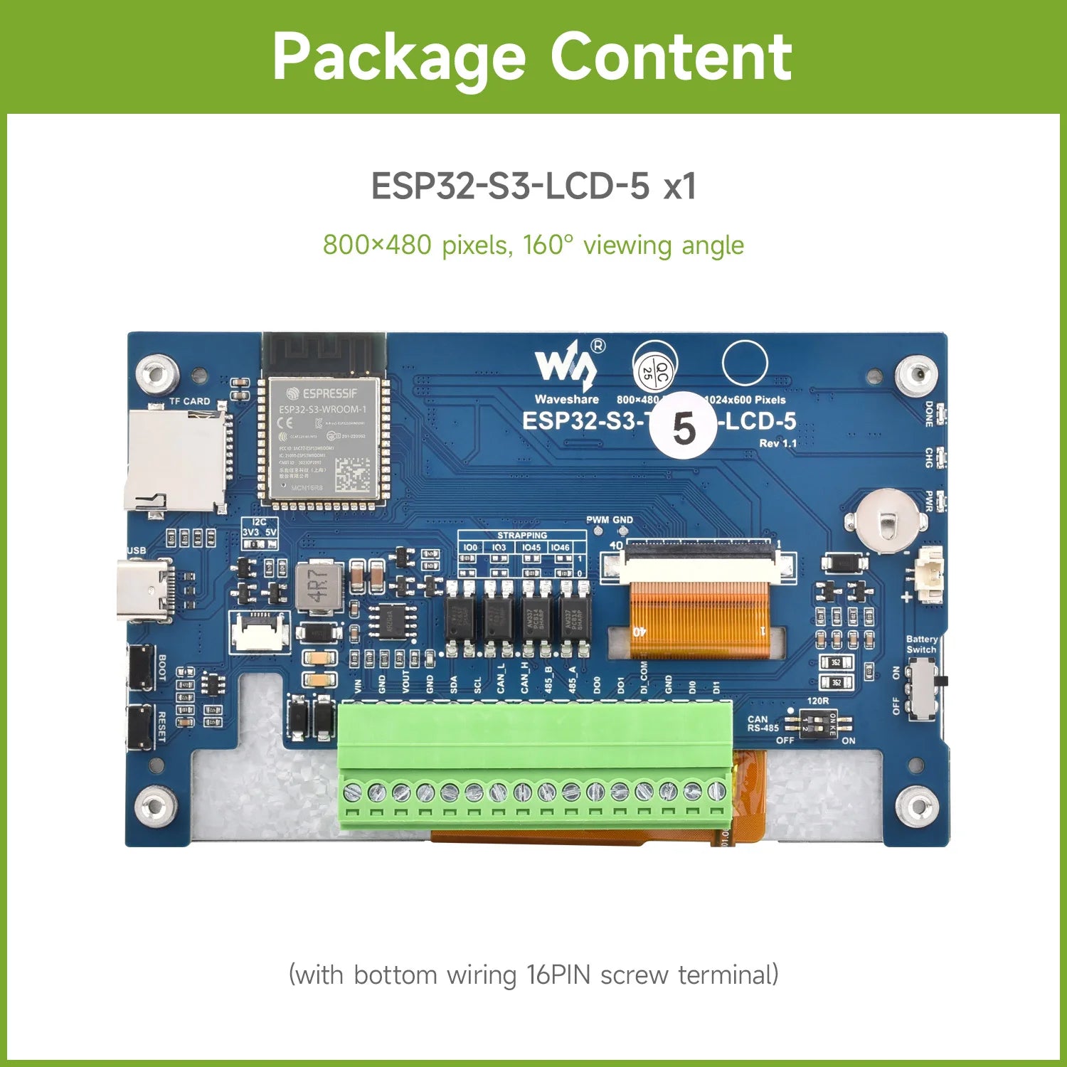 Waveshare ESP32-S3 5-inch Capacitive Touch Display Development Board, 5-Point, 32-Bit LX7 Dual-Core Processor, ESP32 with Display