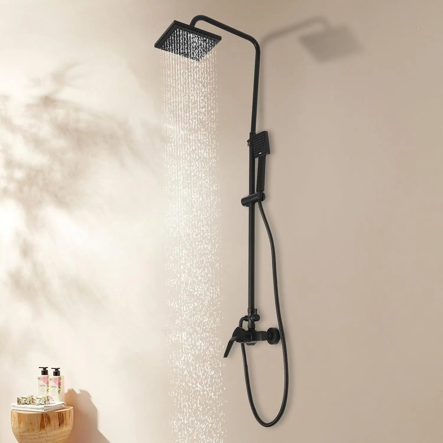 Shower system w/ handheld showerhead,rainfall shower faucet,shower rod,shower column,black color,wall-mounted,height adjustable