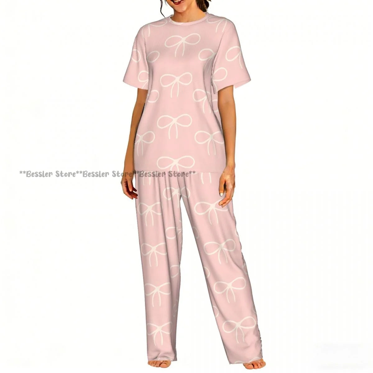 Women's Comfort Pajamas Women's Ribbon Bows Pattern Short Sleeve Set Sleepwear