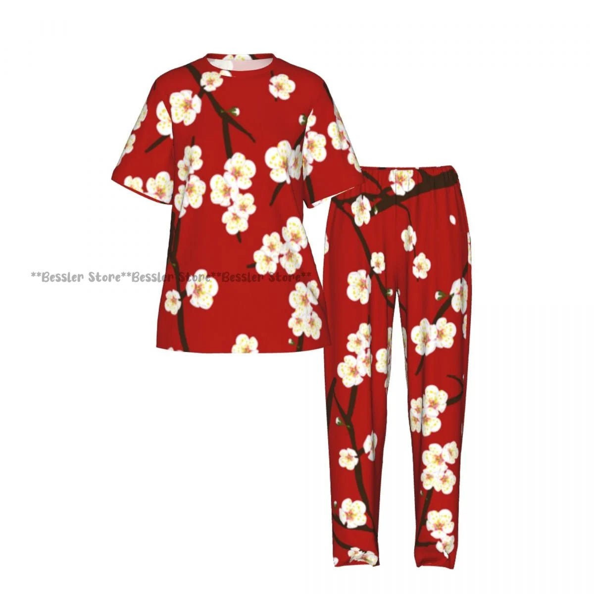 Women's Blossom Cherry Flower Background short sleeve trousers casual pajamas set
