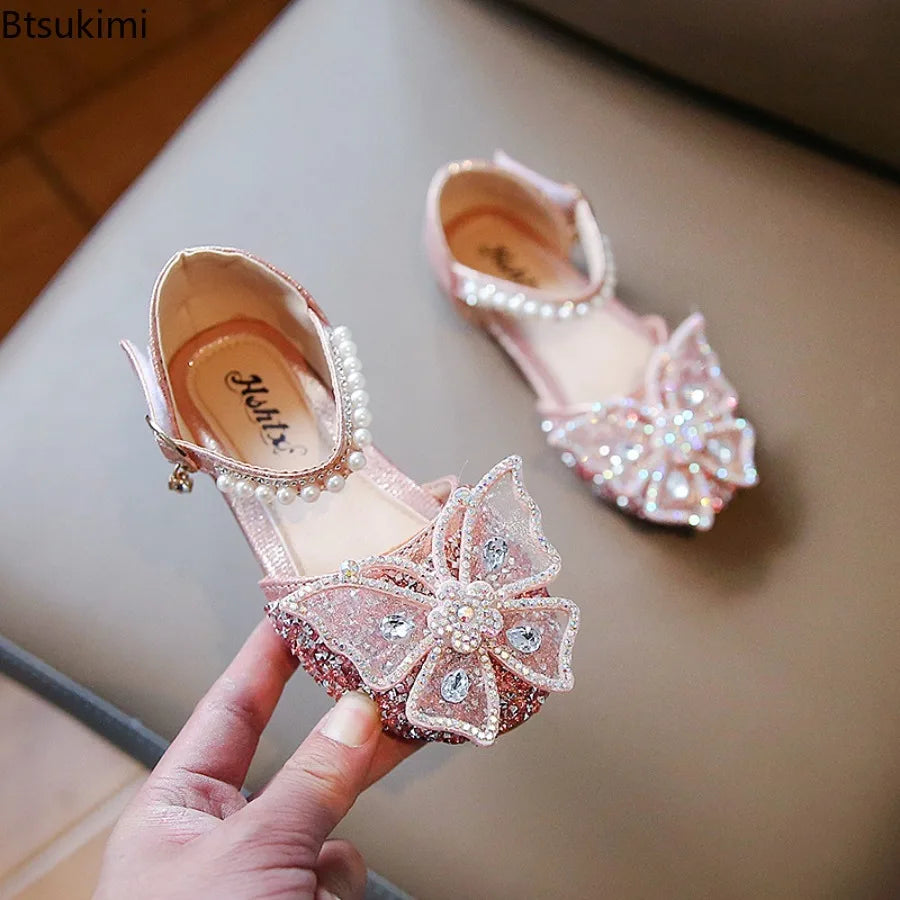 Girls Sequin Lace Bow Kids Shoes Girls Cute Pearl Princess Dance Single Casual Shoes 2026 New Children's Party Wedding Shoes