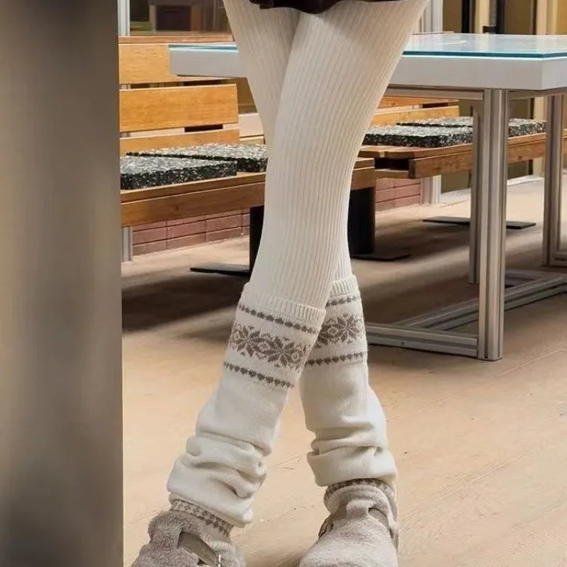 1/6 Pairs Fair Island Autumn/Winter Retro Art Stacked Socks Set Coarse Thread Knitted Snowflake Look Thin Warm Grey Leg Cover