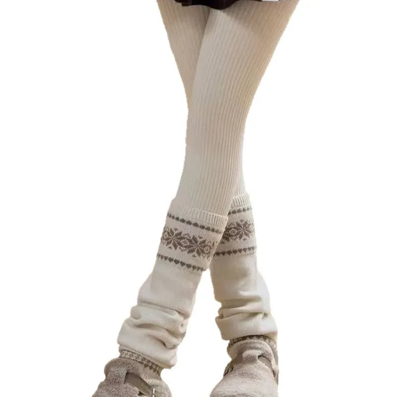 1/6 Pairs Fair Island Autumn/Winter Retro Art Stacked Socks Set Coarse Thread Knitted Snowflake Look Thin Warm Grey Leg Cover