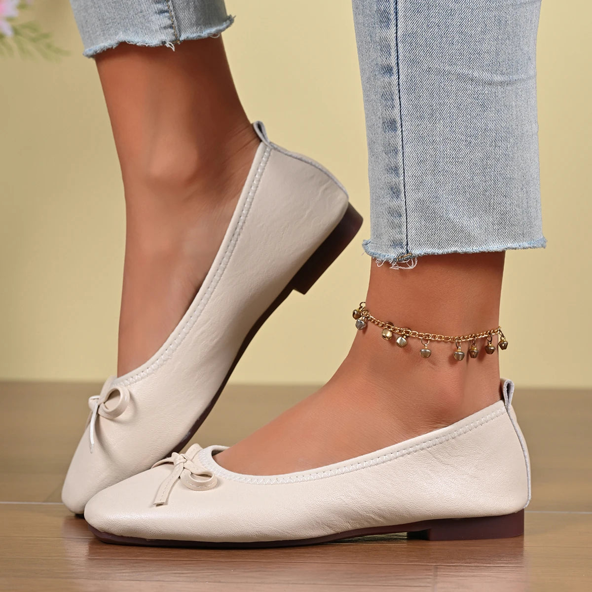 2026 Spring New Bowknot Soft Sole Flats, Small Square Toe Shallow Comfortable Egg Roll Shoes, Versatile Commuter Flat Shoes