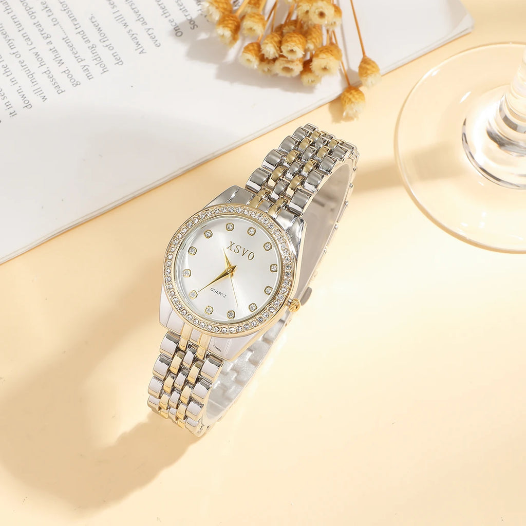 No gift box New style steel strap light luxury fashion quartz wristwatch   pearl string bracelet 5 pieces set